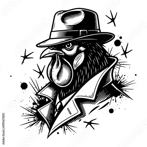 Rooster wearing detective fedora hat and trench coat in noir comic style
