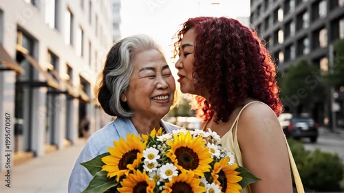 Two Asian women laughing while holding sunflowers on city street