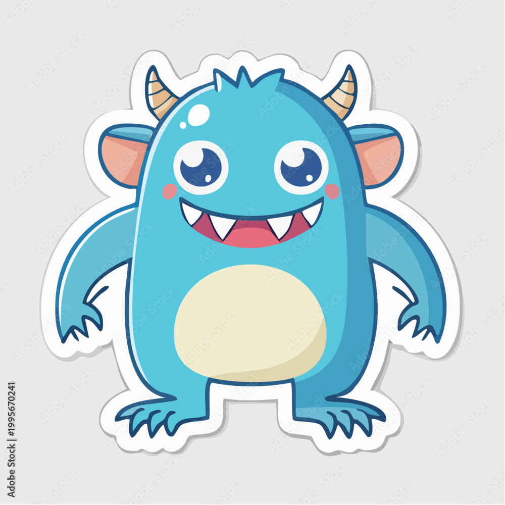 Fototapeta premium Cute Blue Cartoon Monster with Horns and Big Eyes