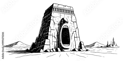 Ancient stone monument with screaming mouth entrance in surreal fantasy engraving style