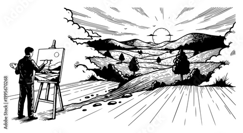 Artist painting rural landscape on easel in detailed vintage engraving style