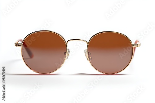Clean product photo of round eyewear with a thin gold frame and brown lenses, front view on white backdrop