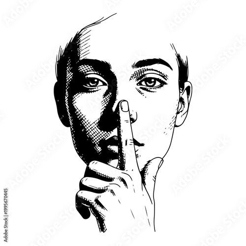 Woman face with finger on lips making silence gesture in high contrast ink drawing style