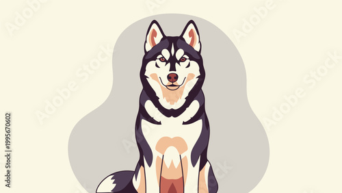 Detailed illustration of a Siberian Husky dog sitting and looking forward with its characteristic mask and alert pointed ears.