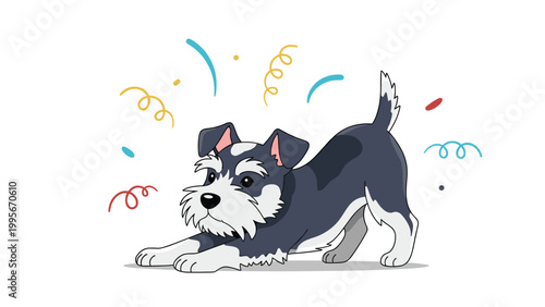 Energetic Miniature Schnauzer puppy performs a play bow stretch surrounded by colorful falling confetti on a white background.