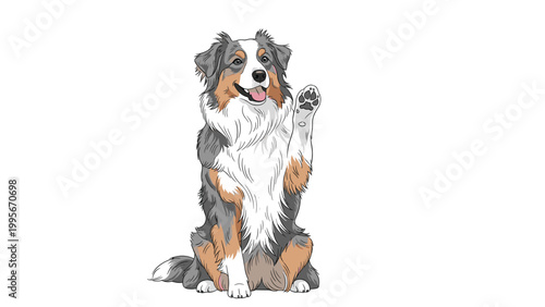 Friendly australian shepherd dog sitting and waving its paw with a happy smile and a colorful blue and brown coat for a pet training ad.