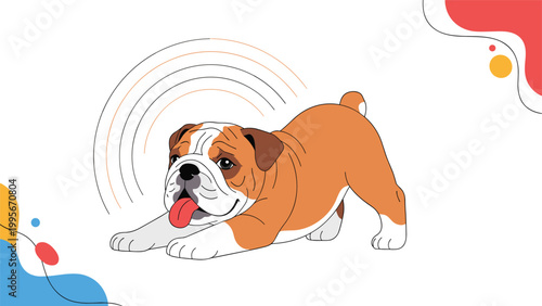 Playful english bulldog illustration in a bowing pose accompanied by vibrant abstract circular and flowing background design elements.