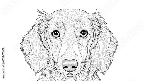 Intricate stippled portrait illustration of a long haired dachshund dog showing fine detail in its fur and gentle facial features.