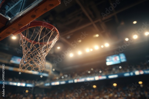 Close-up of a basketball hoop and net in a vibrant indoor arena during a game