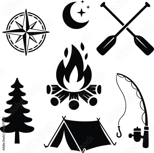 High quality black and white flat vector icon set of camping campfire, fishing rod, outdoor adventure, forest wilderness, scouting navigation tools cad drawing flat vector illustration