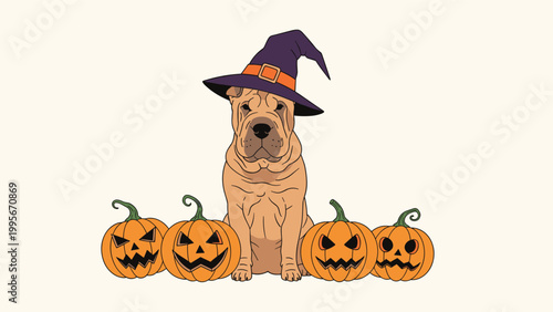 Shar pei dog wearing a purple witch hat for halloween sitting behind a row of four spooky carved jack-o-lantern pumpkins.