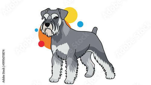 Colorful miniature schnauzer dog illustration standing in front of vibrant abstract circles on a white background for a modern look.