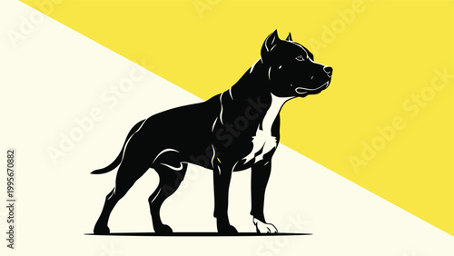 Bold high contrast illustration of a muscular pitbull terrier dog standing firmly against a yellow and cream diagonal background.