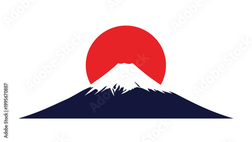 Graphic vector illustration of the iconic mount fuji mountain peak set against a large red rising sun symbol of japan.