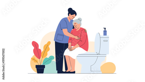 Healthcare illustration of a nurse helping an elderly woman sit on a toilet in a clean and modern bathroom setting on white.
