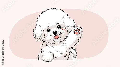 Cute cartoon illustration of a white bichon frise puppy waving its paw with a friendly and happy expression on white.