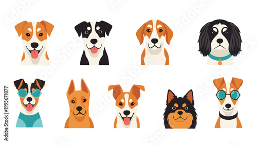 Variety of dog head portraits featuring different breeds, some wearing accessories like sunglasses and collars on a white background.