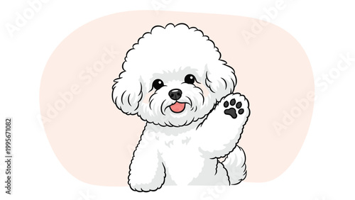 Adorable white bichon frise puppy waving its paw with a happy face and pink tongue out against a soft pink background.