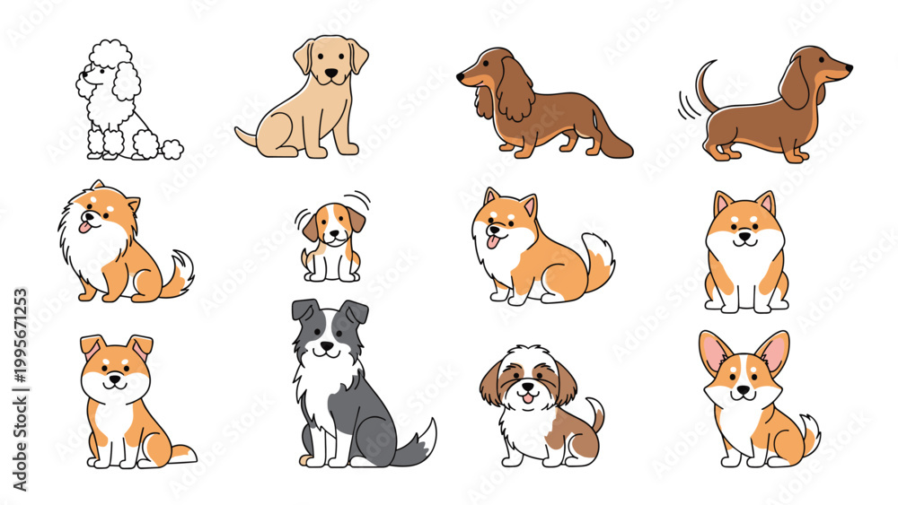 Obraz premium Twelve small dog breed illustrations show various pets in poses like sitting, standing, and wagging tails in a colorful collection.