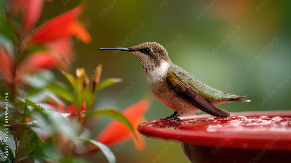 Fototapeta premium Close-up of a ruby-throated hummingbird sipping nectar from a bright red feeder in a sunlit garden