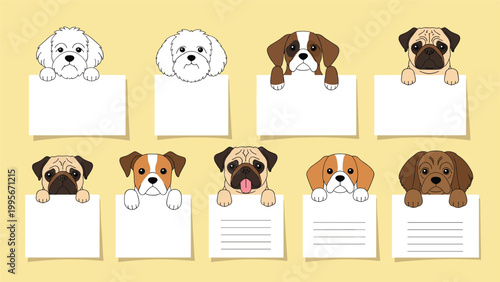 Ten adorable dog headshots peek over the top of blank white note cards against a warm yellow background in a playful row.