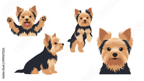 Yorkshire Terrier dog character set includes a large headshot along with jumping and sitting poses in typical blue and tan colors.