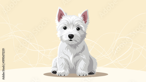 West Highland White Terrier puppy sits alertly with its ears pricked and a cute expression in this charming canine illustration.