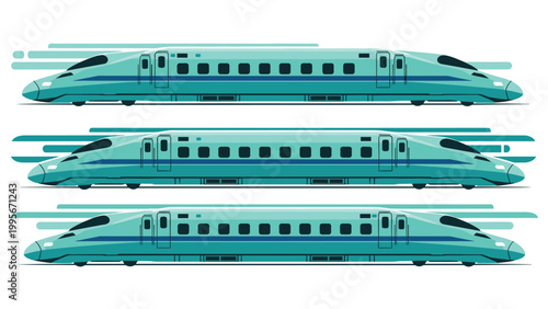 Three teal high speed Shinkansen bullet trains are shown in a side profile view with motion lines indicating rapid travel on tracks.