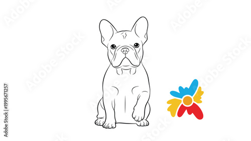 Minimalist line drawing of a French Bulldog sitting down is accompanied by a colorful abstract floral design element on the side.