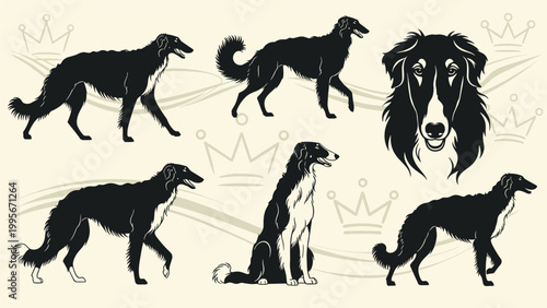 Elegant Borzoi dog silhouettes and a detailed headshot are featured in black and white against a cream background with crown icons.