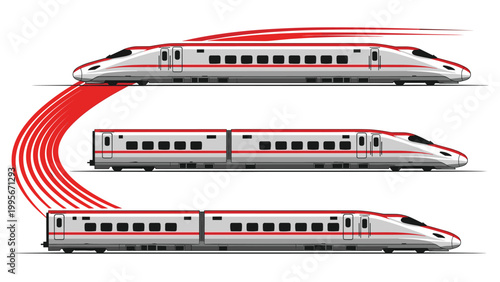 Three high speed trains in silver and red are shown with long red motion trails suggesting incredible velocity on the railway.
