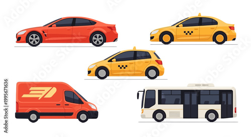 Various stylized cars illustrations for transportation and travel concepts