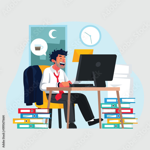 Overworked businessman sitting at desk in office at night 