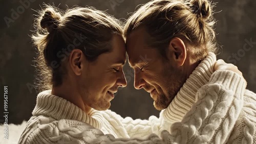 Two men with man buns embracing in warm indoor light