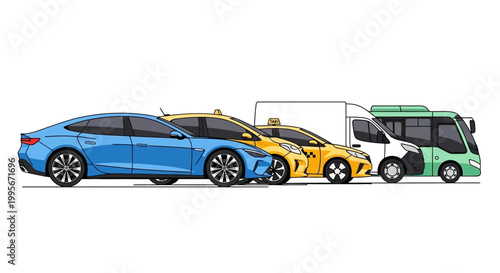 Various stylized vehicles in a row against white background for transportation concepts