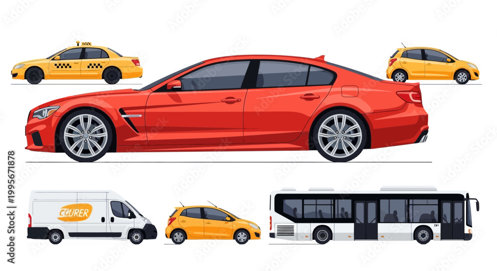 Fototapeta premium Various stylized vehicles including cars taxi van and bus on white background