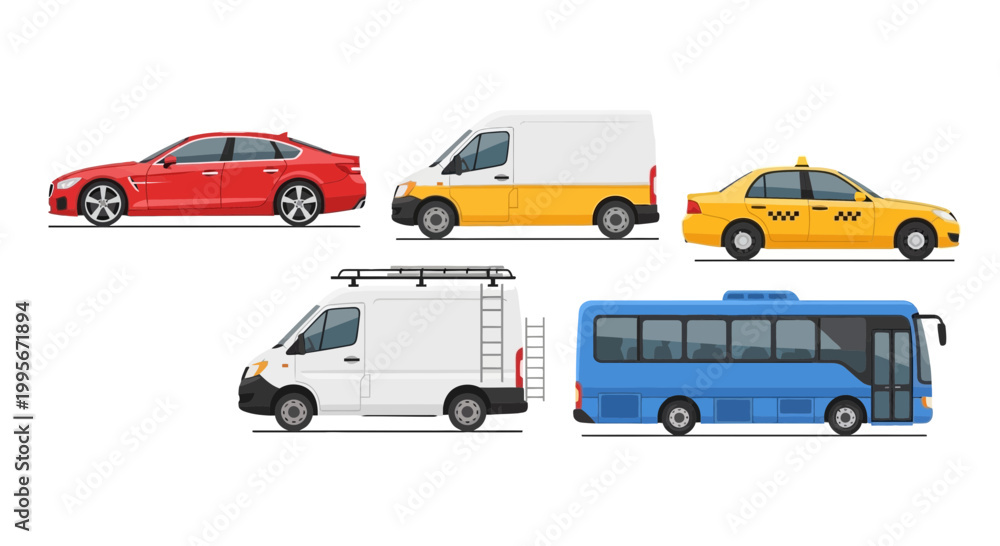 Fototapeta premium Various stylized vehicles including cars vans taxi and a bus isolated