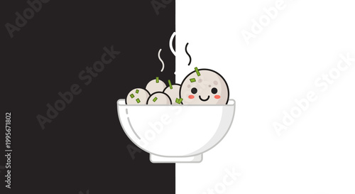 Cute cartoon dumplings in bowl.