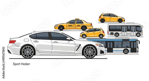 Various stylized vehicles including cars buses and taxis on a clean white background