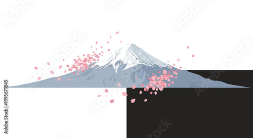 Mount Fuji with cherry blossoms floating.