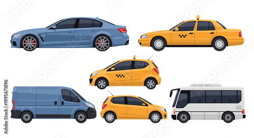 Various stylized vehicles including cars taxi van and bus on white background