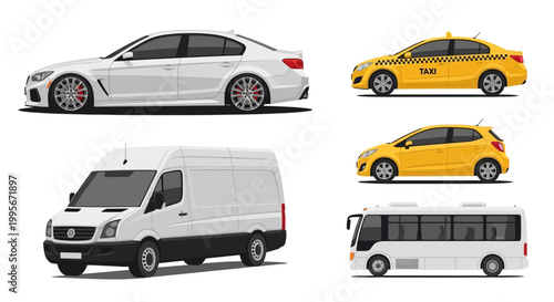 Various stylized vehicles including cars vans taxi and bus on a white background