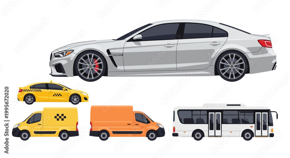Fototapeta premium Various transportation vehicles isolated on a white background design