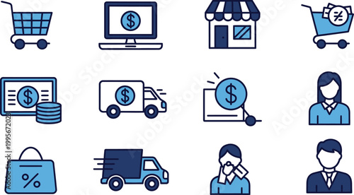E commerce and shopping icons set in blue outline style