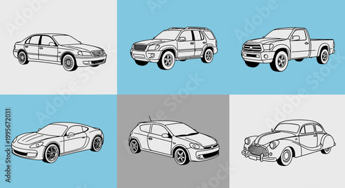 Various vehicle illustrations sedan suv truck sports car hatchback vintage car