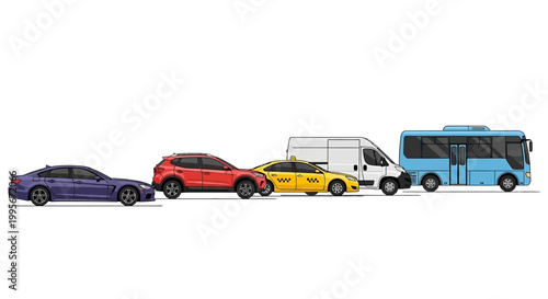 Various vehicles cars van bus in row isolated on white background