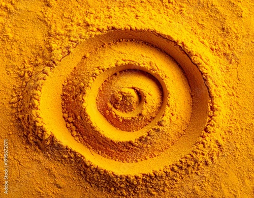 surface of curcuma powder , abstract spice surface background with spirals top view