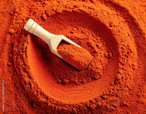 red paprika powder background, wooden paprika spice powder on wooden spoon closeup