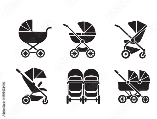 Assortment of black silhouette icons depicting various types of baby strollers and prams