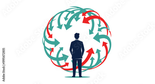 Businessman facing circular arrows symbolizing strategy and decision making